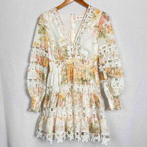 L'ATISTE Floral Ivory Long Sleeve Dress with Crochet Insets Womens Size S